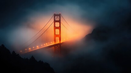 Obraz premium The iconic Golden Gate Bridge emerges from the fog at sunset, its lights glowing against the mysterious backdrop, creating a captivating and moody atmosphere.