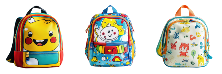A Set of Adorable Children’s Backpack with Cartoon Print Isolated on Transparent Background