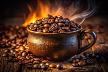 Fototapeta premium Dark Roasted Coffee Beans in Ceramic Mug, Night Photography, Still Life