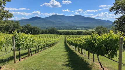 Fototapeta premium A picturesque vineyard with trellises reaching towards a vibrant blue sky.