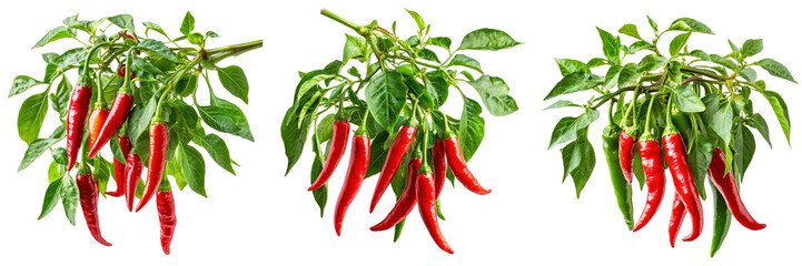A Set of Chili Pepper Plant with Lush Green Leaves Ready for Harvest Isolated on Transparent Background