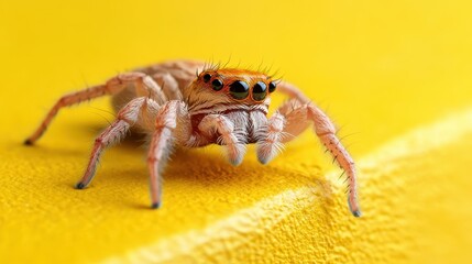 Fototapeta premium An elegant spider poses confidently on a textured yellow surface, showcasing its unique features and the mesmerizing patterns found in nature's artistry.