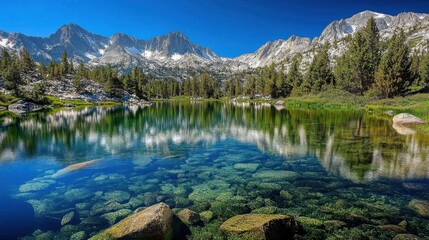 Fototapeta premium A pristine alpine lake with clear water reflecting the snow-capped peaks around it.