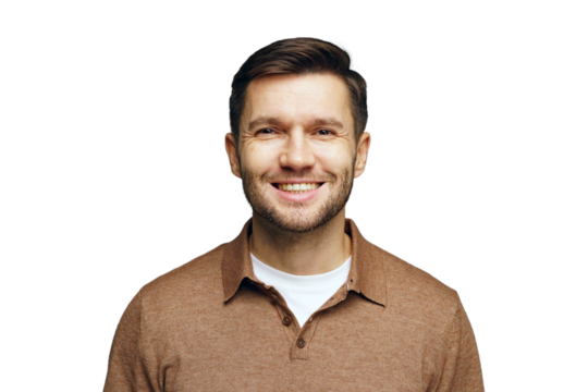 Smiling man in brown shirt against plain background radiates confidence and approachability
