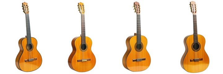 Obraz premium A Set of Classic Acoustic Guitar with Elegant Brown Finish Standing Upright Isolated on Transparent Background