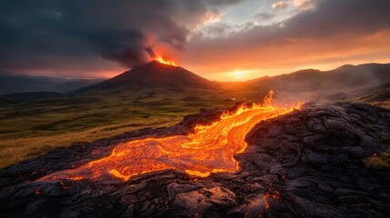 Fototapeta premium A captivating volcanic eruption scene at twilight, showcasing a majestic flow of lava contrasted against dramatic clouds, encapsulating the raw force of nature.