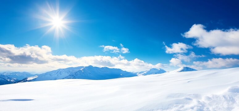 Sunny winter mountain landscape; snowy peaks, blue sky - Powered by Adobe