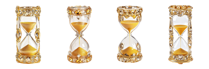 A Set of Classic Glass Hourglass with Golden Sand, Decorative and Functional Isolated on Transparent Background