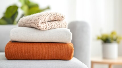 Cozy Autumn Loungewear Stacked on a Sofa, Soft Knitwear in Neutral and Warm Tones, Relaxed Home Fashion