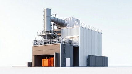 Modern industrial facility with pipes and storage units, white isolate background.