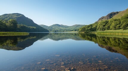 Obraz premium A serene lake with clear water reflecting the surrounding mountains and trees.