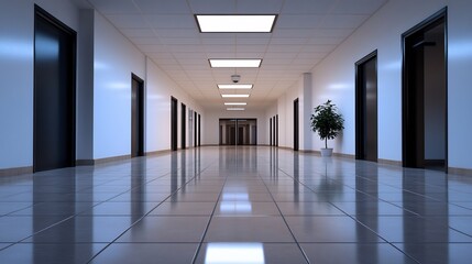 Obraz premium A long modern hallway with shiny tiled floor and black doors leading to various rooms