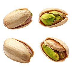 Different views of pistachio nuts isolated on a white background, showcasing both shelled and unshelled varieties as a healthy snack option.