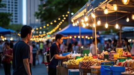 A man stands in front of a fruit stand with a crowd of people around him
