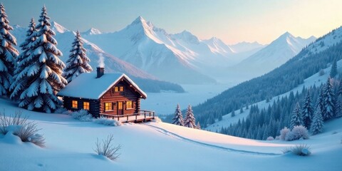 Fototapeta premium Serene Winter Cabin Retreat Nestled Amidst Snow-Covered Mountains and Evergreen Trees at Dawn