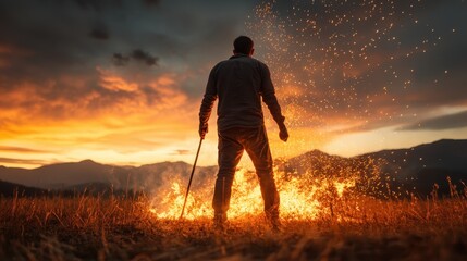 A lone figure gazes towards a fiery sunset with flames dancing around him, representing courage and resilience amid nature's powerful forces, evoking deep emotions.