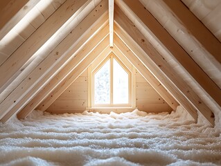 Attic space with soft insulation and natural light cozy home interior