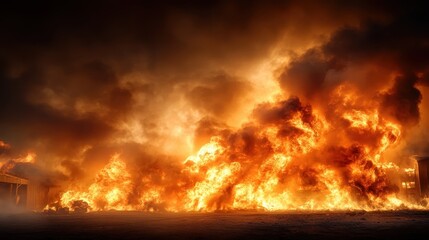 A devastating fire consumes a building, engulfing it in flames and smoke, representing destruction and the raw power of nature's fury in a haunting visual display.