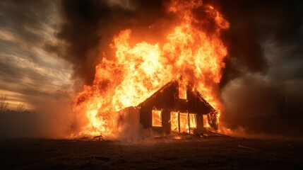 A burning house stands shelled in flames, with dramatic lighting creating a powerful visual metaphor for loss, destruction, and the uncontrollable force of fire.