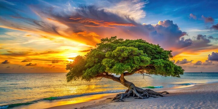 Stunning Fofoti Tree at Eagle Beach Aruba - Captivating Landscape Photography of Iconic Aruba Natural Beauty, Serene Ocean Views, Tropical Paradise, and Unforgettable Sunset Scenes