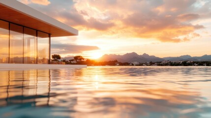 Fototapeta premium A stunning sunset over a luxurious poolside setting, featuring striking reflections on water's surface and majestic mountains in the background, capturing serenity and elegance.