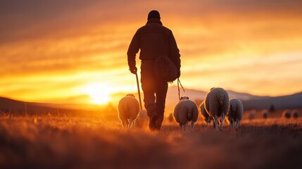 A silhouette of a shepherd leading sheep through golden fields at sunset, capturing the essence of rural life, peace, and the timeless bond between humans and nature.