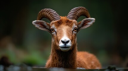 A striking portrait of a majestic ram with beautifully spiraled horns, set against a blurred natural background, showcasing its captivating gaze and fur texture.