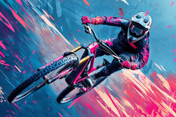 Dynamic mountain biker performing an aerial trick in vibrant colors and motion effects, showcasing energy, freedom, and adrenaline in outdoor sports adventure