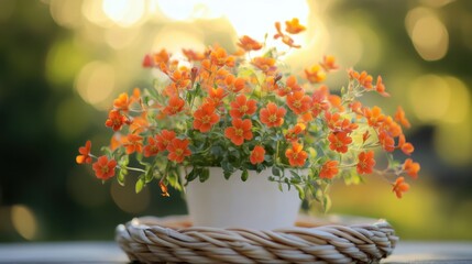 A white pot filled with bright orange blossoms on a woven basket tray.