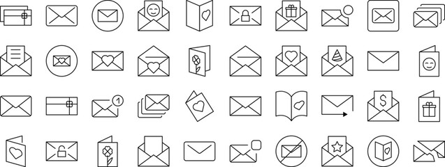 Collection of Envelope, Mail, Post Related Line Icons. Outline Signs for Graphic and Web Design, Apps, Adverts, Various Cards
