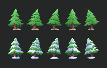 Christmas trees, cartoon set. Summer and winter fir trees with snow. Isolated vector illustration for game environment