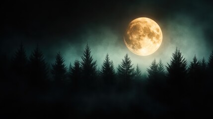 An enchanting image of a golden moon casting its warm glow on a misty forest landscape, creating a magical aura of calm and serenity amidst nature's beauty.