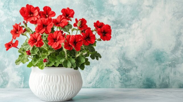 A white pot overflowing with vibrant red geraniums against a light pastel wall background.