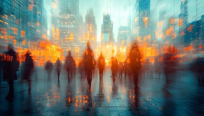 Abstract Urban Evening Scene with Silhouetted Figures and Blurred City Lights, Conveying a Sense of Movement and Energy in a Vibrant Metropolis Environment