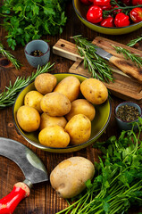 Raw vegetables and fresh greens.