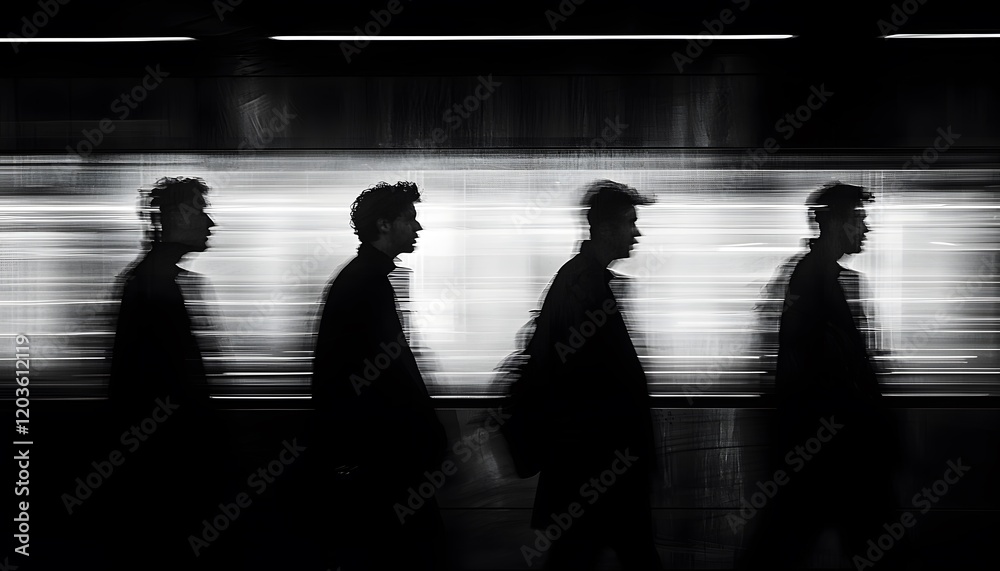 Poster dynamic motion of silhouetted figures in urban environment with train background capturing the energ