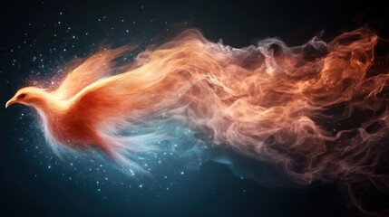 A majestic phoenix rises gracefully from celestial smoke, its glowing feathers illuminating the dark background, symbolizing hope and the beauty of renewal.