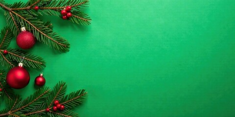 A Festive Winter Holiday Scene with Evergreen Branches, Red Ornaments, and Berries on a Green Background