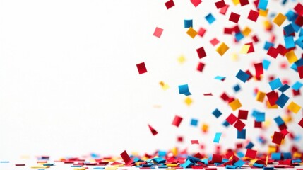 Joyful Celebration Abstract Background of Falling Colorful Square Confetti on White Surface