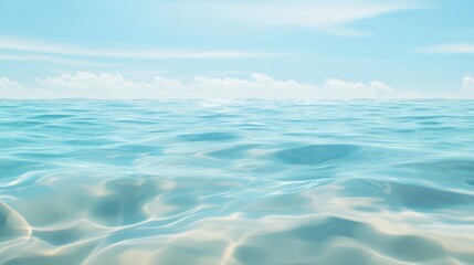 Fototapeta premium Clear water ripples gently on a pristine sandy beach under a bright blue sky.