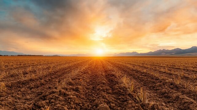 A golden sunset provides a serene backdrop over a harvested field, symbolizing labor's rewards and the beauty of natural landscapes in harmony with the earth.