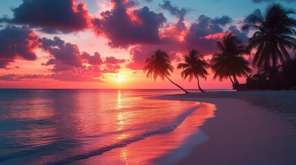 Tropical beach at sunset with dramatic pink and purple clouds casting a warm glow over the ocean and sand