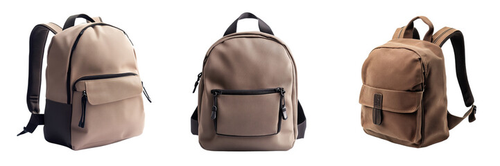 Fototapeta premium A Set of Stylish Classic School Backpack in Neutral Tones, Comfortable Design Isolated on Transparent Background