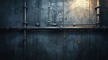 A grungy industrial pipe wall in a dark concrete garage room. 