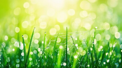 Obraz premium Sunlight sparkling on dewdrops covering a spider web in a grassy field.