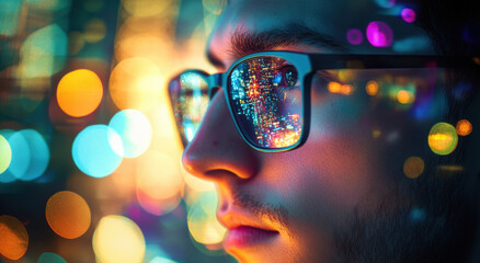 A young man gazes thoughtfully as dazzling city lights reflect in his glasses. The nighttime backdrop showcases an energetic urban environment filled with vibrant colors.