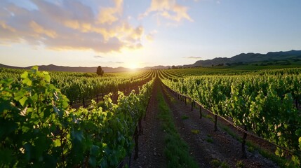 Fototapeta premium A field of grape vines with a beautiful sunset in the background