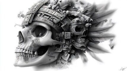 Fototapeta premium Monochromatic depiction of an Aztec skull with feathers and detailed carvings and textures