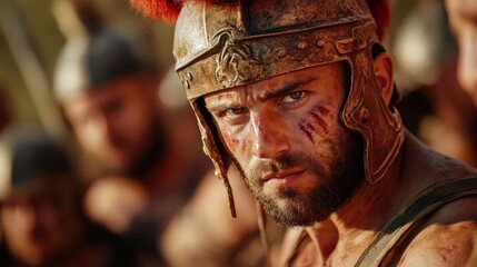 An intense close-up of a warrior with a battle-scarred face, wearing a detailed helmet that signifies bravery and the spirit of ancient warrior cultures amidst a historical backdrop.