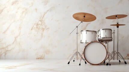 An elegantly arranged white drum kit featuring a unique textured background, emphasizing its stylish appeal and the creative essence of musical expression.